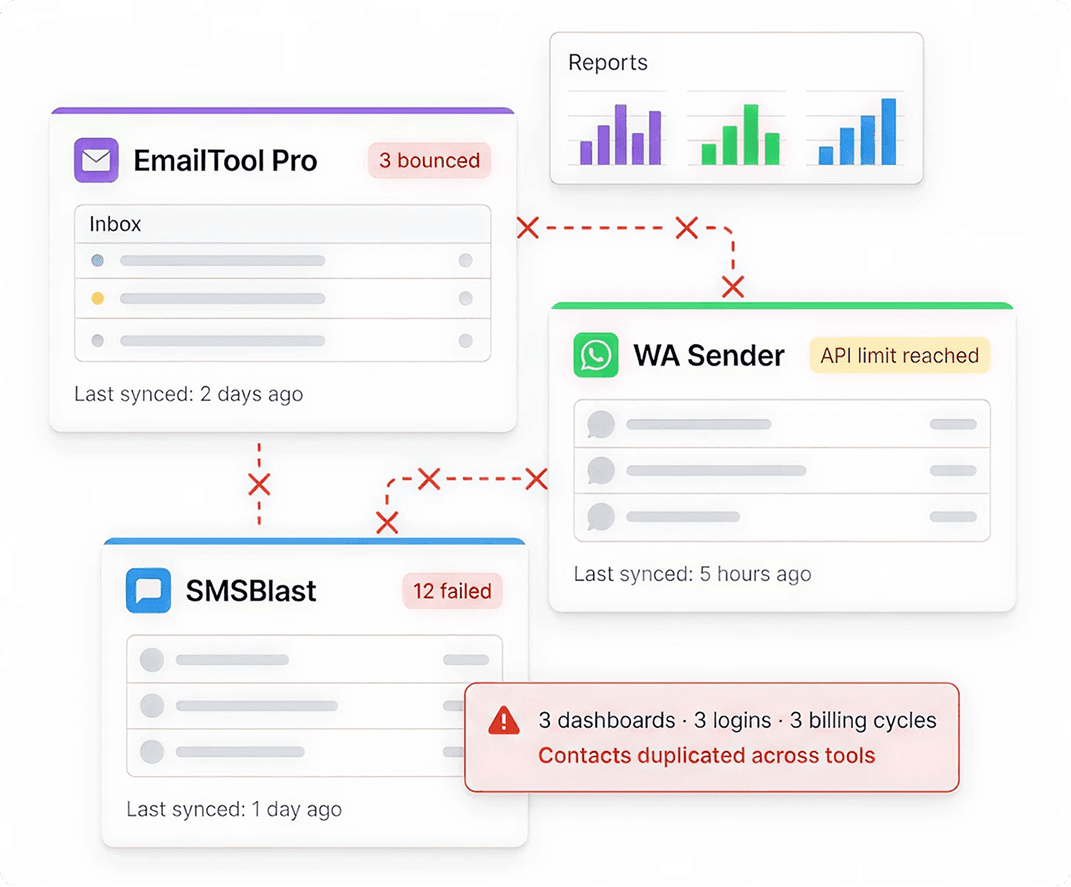 Fragmented tools — three separate dashboards for Email, WhatsApp and SMS