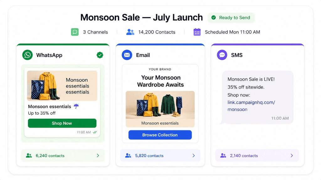 Monsoon Sale launch preview across WhatsApp, Email, and SMS