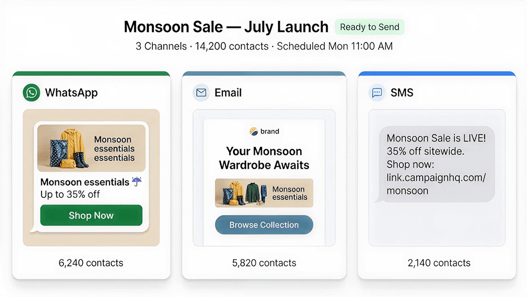 WhatsApp broadcast campaign builder with message preview and delivery results