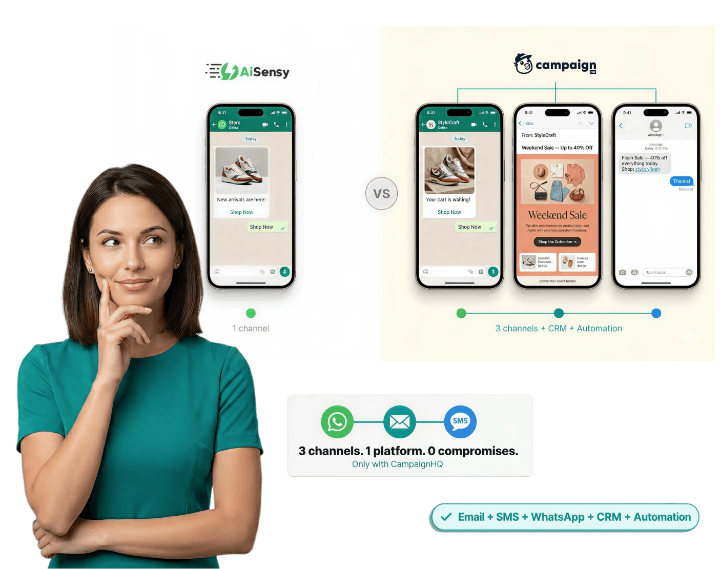 CampaignHQ vs AiSensy — broader multi-channel engagement vs WhatsApp-led campaigns