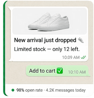 WhatsApp product notification with 98% open rate