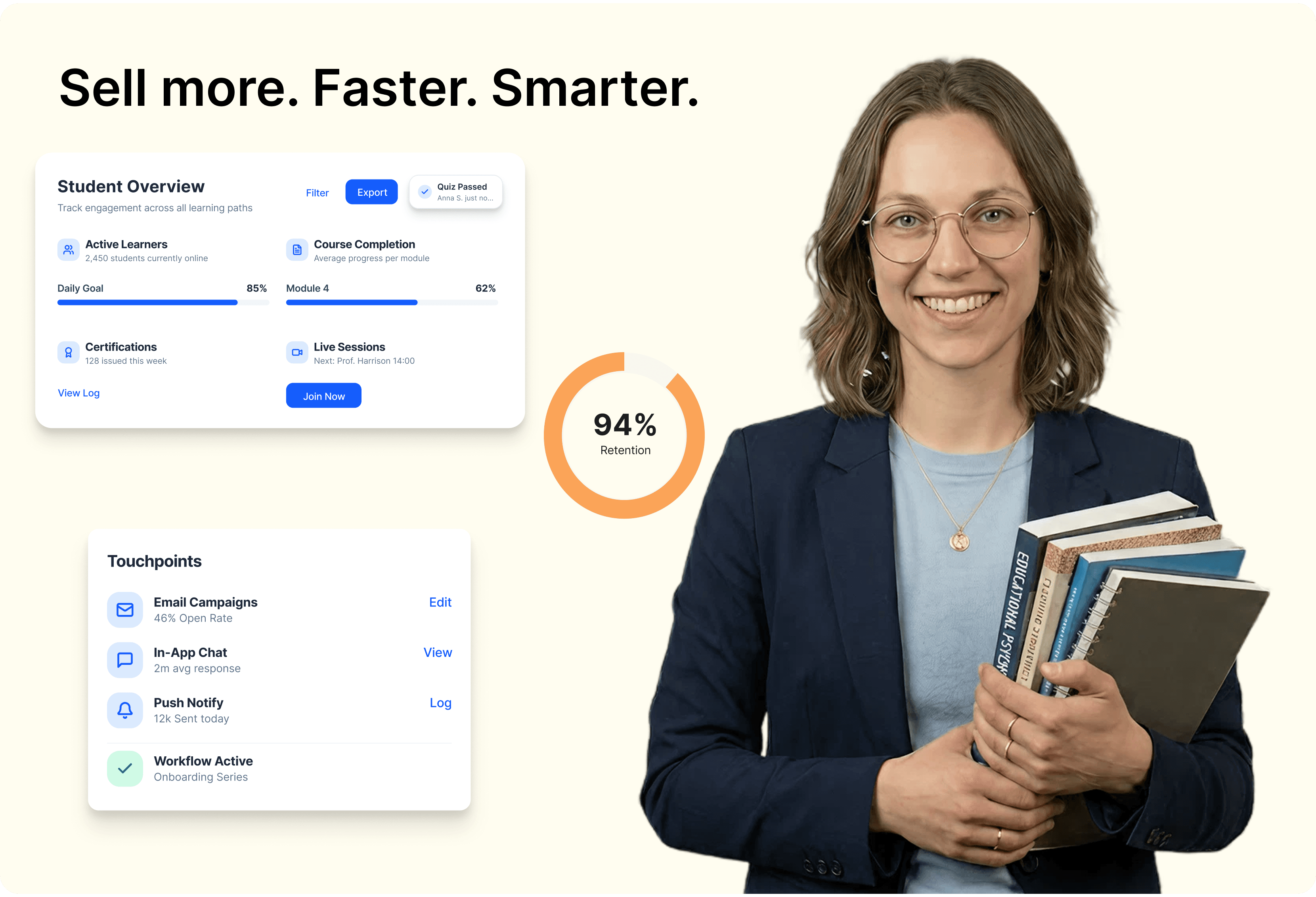 EdTech use case showing student overview, retention metrics, and touchpoints