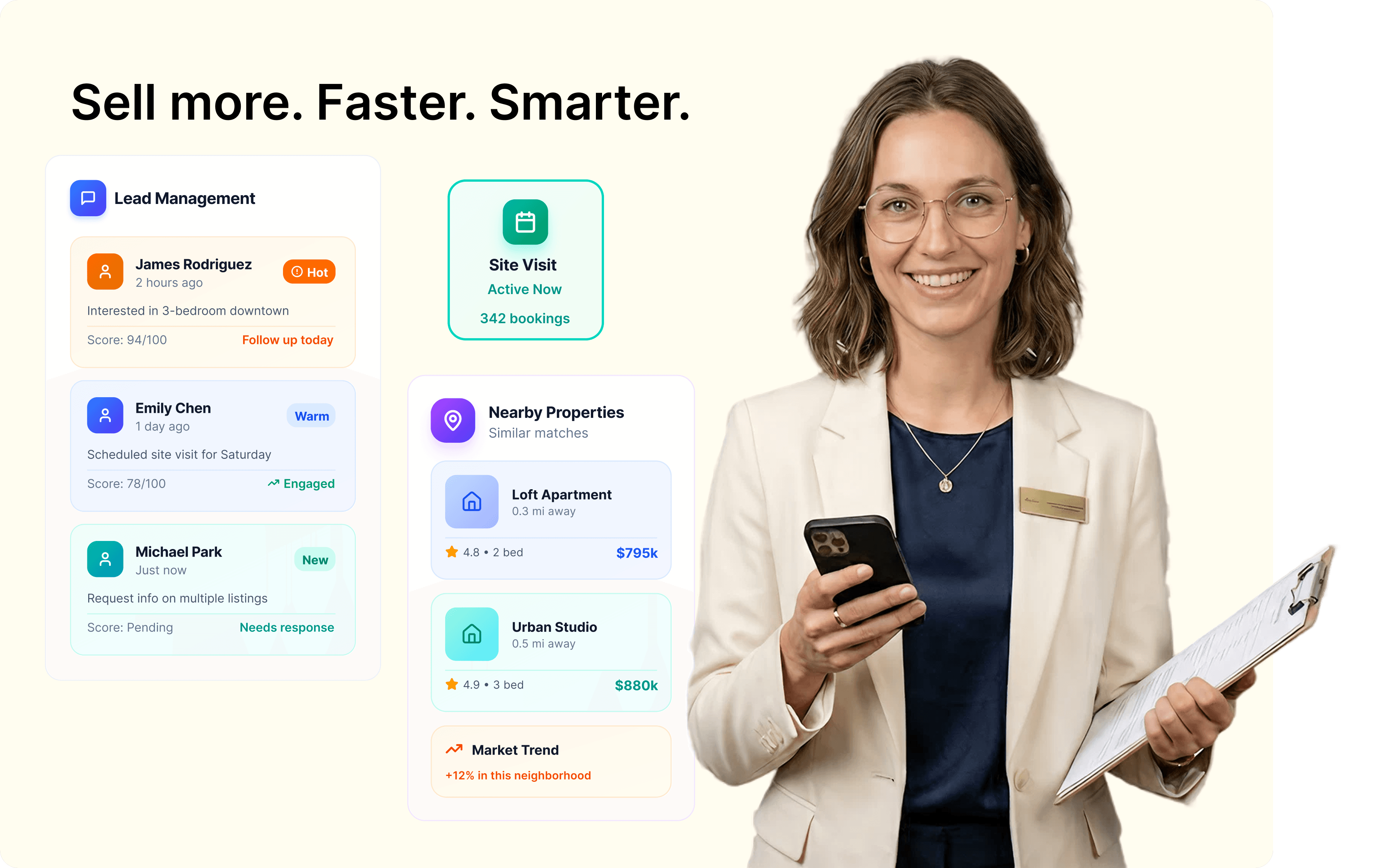 Real estate use case showing lead management, site visits, and property listings