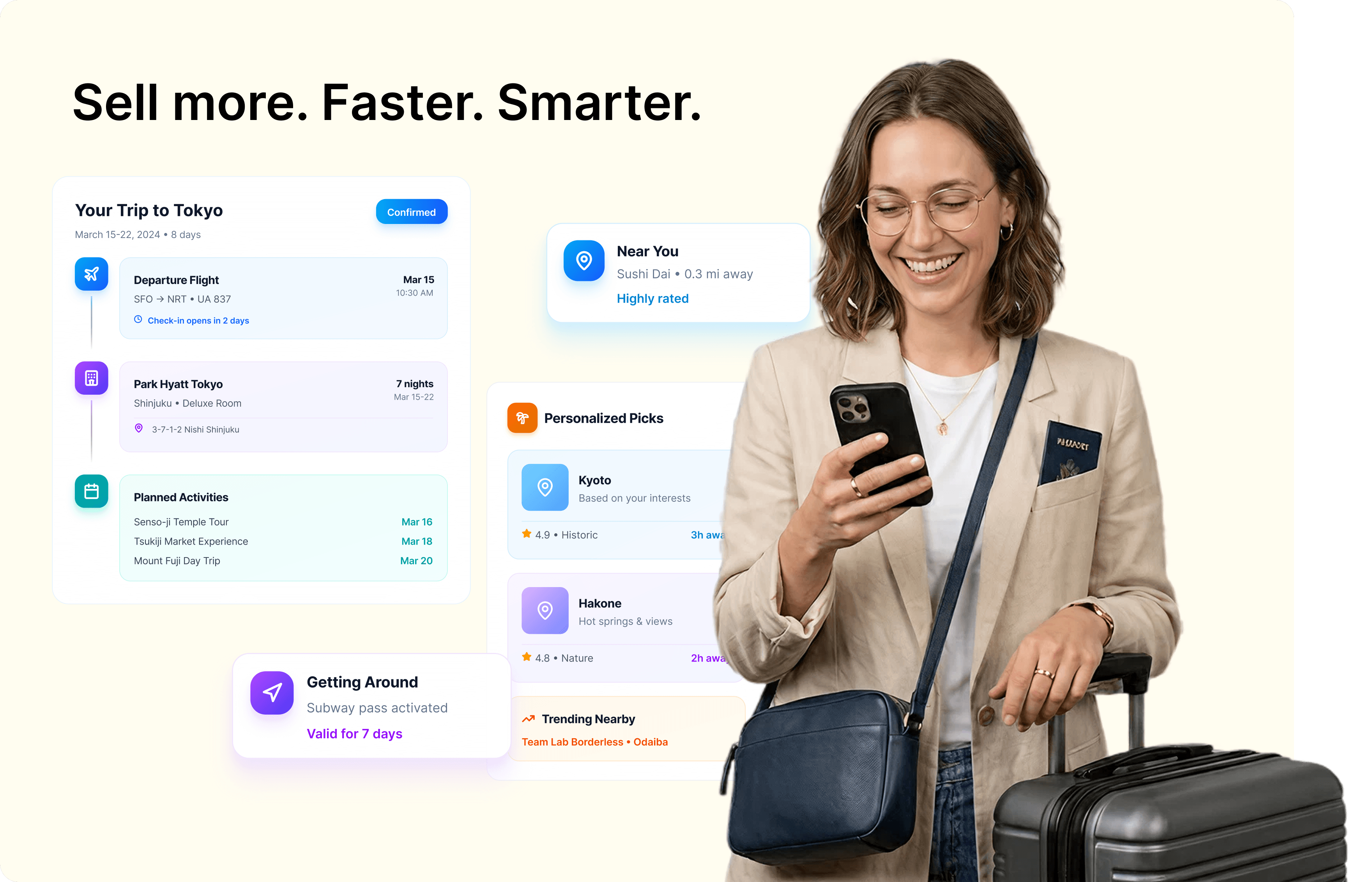 Travel use case showing trip planning, personalized picks, and transit pass