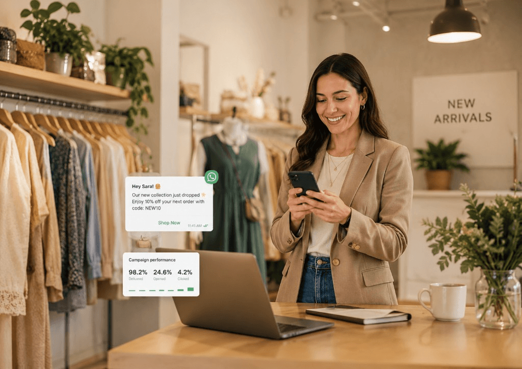 Retail store owner using CampaignHQ to send a WhatsApp new-arrivals campaign and track delivery and engagement