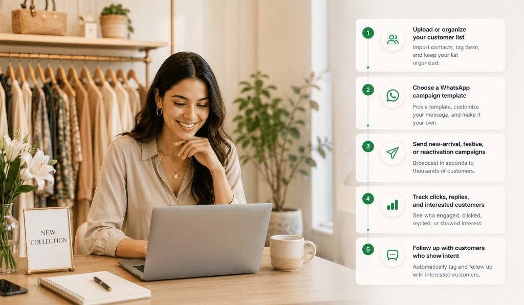 Store team member planning WhatsApp campaigns on a laptop in a boutique