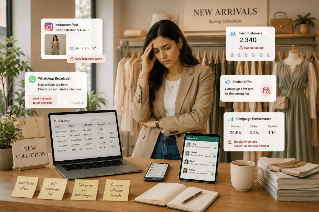 Retail store owner overwhelmed by manual WhatsApp forwards, spreadsheets, and campaigns that miss past customers