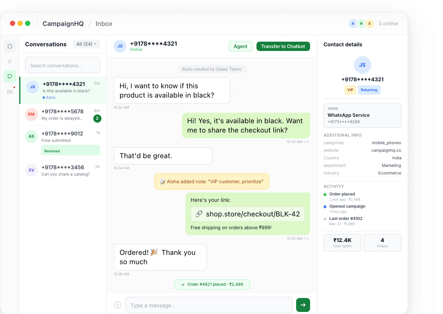 Shared team inbox with conversation routing, contact details, and order history