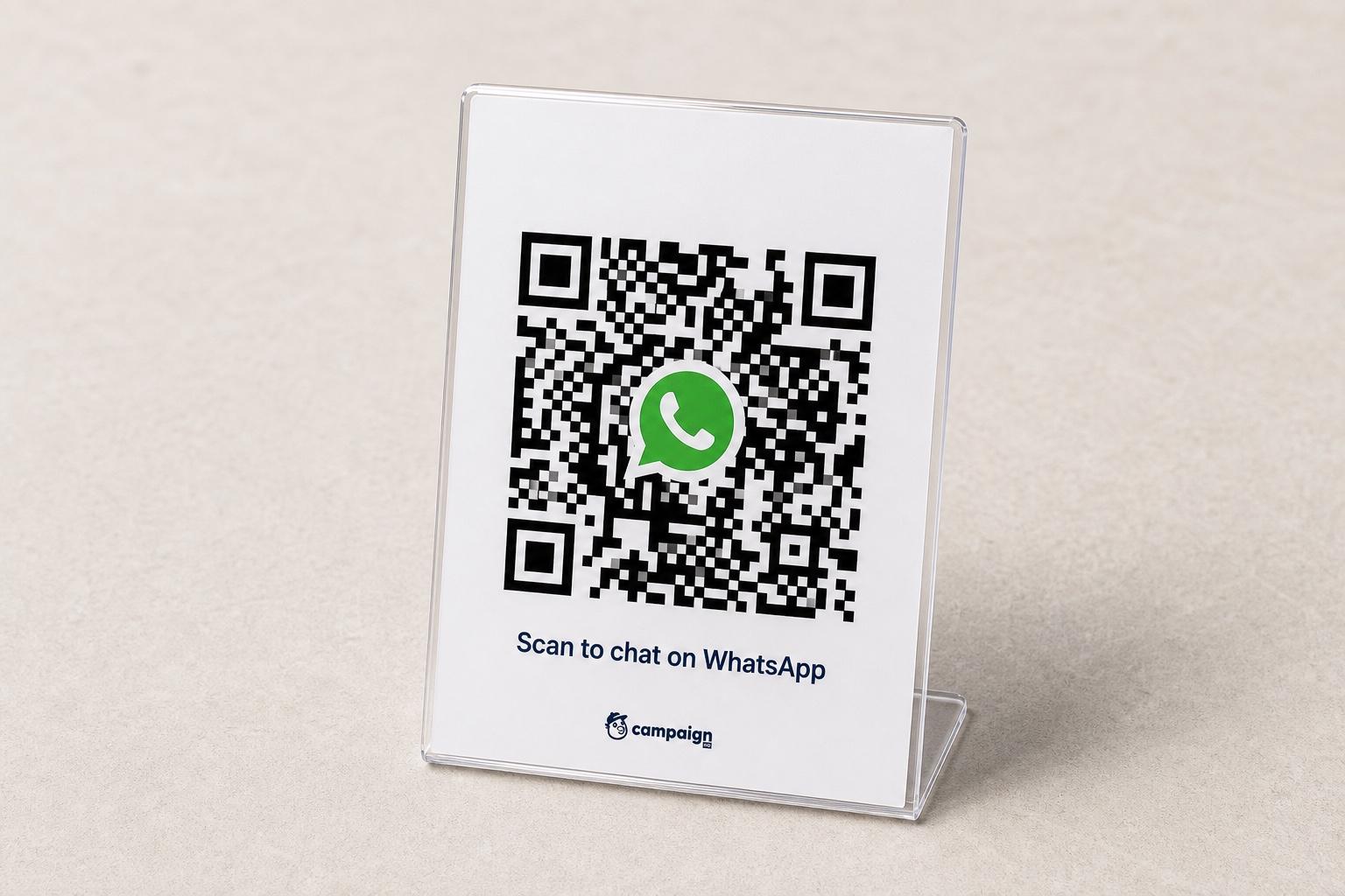 Standing plastic WhatsApp QR card with CampaignHQ logo — scan to chat on WhatsApp