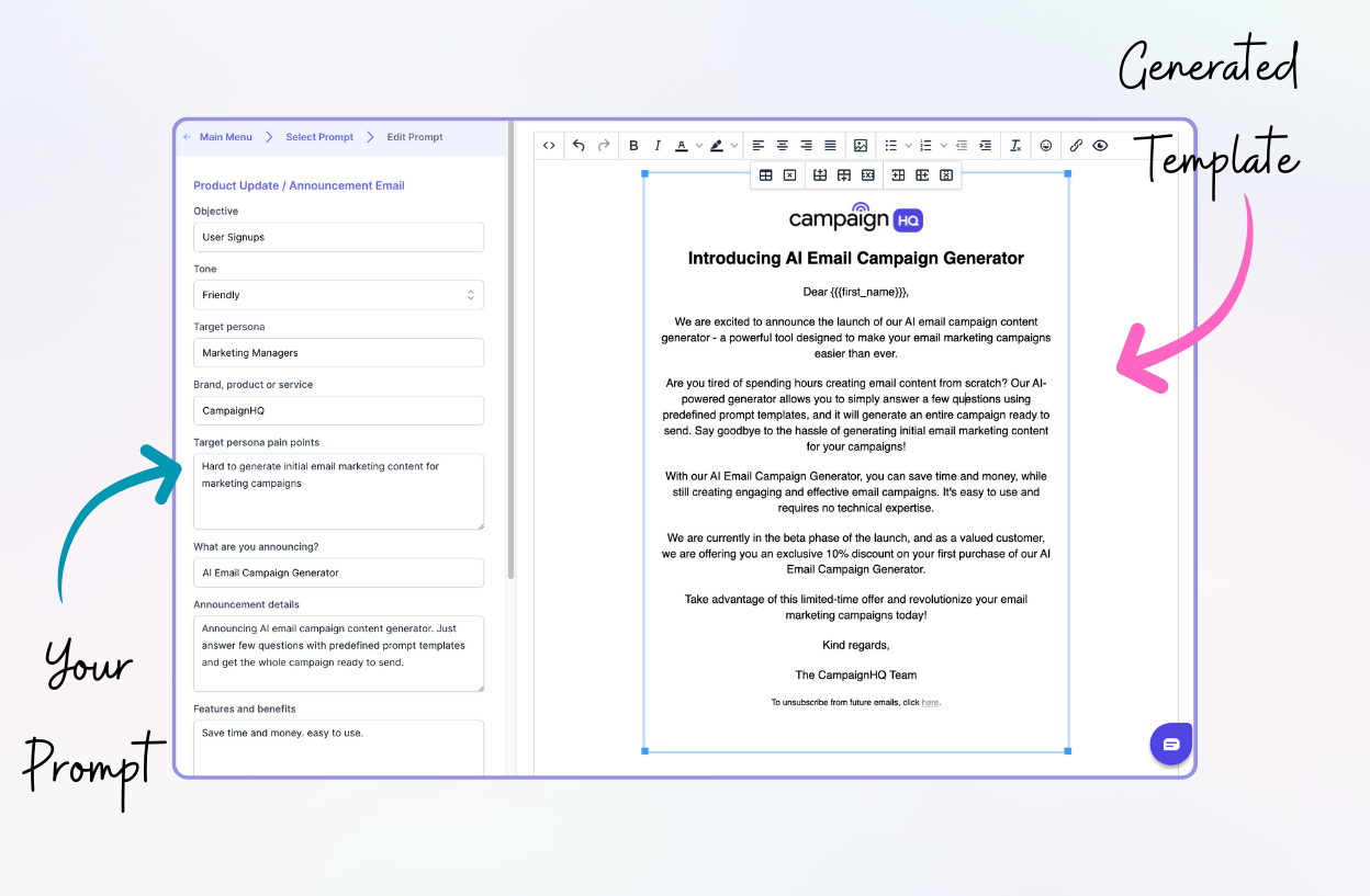 CampaignHQ AI Email Editor for effortless email marketing